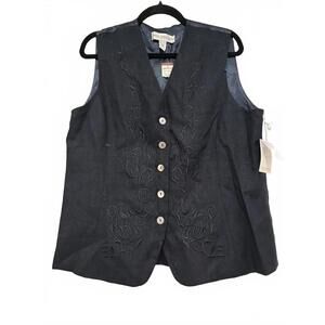 Valerie‎ Stevens Petites navy linen embroidered button down vest sz 14 #1540 new